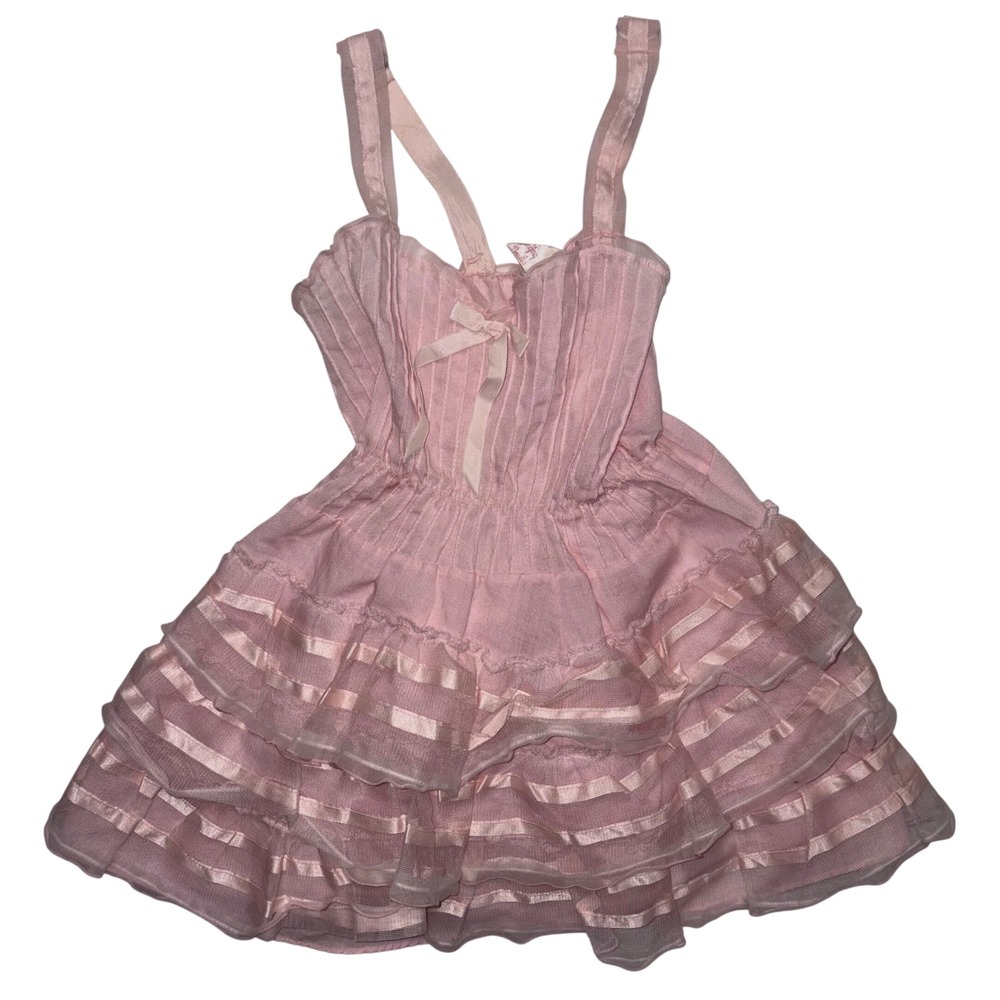 Vintage Singing Needles Pink Tiered Ruffle Slip Dress Size 3 Magic Straps 604